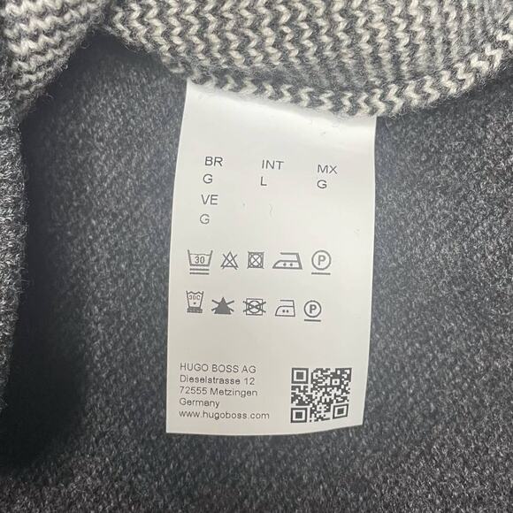 BOSS Hugo Boss Lambs Wool Jacquard Knit V-Neck Sweater Gray White - Size Large - Picture 5 of 9